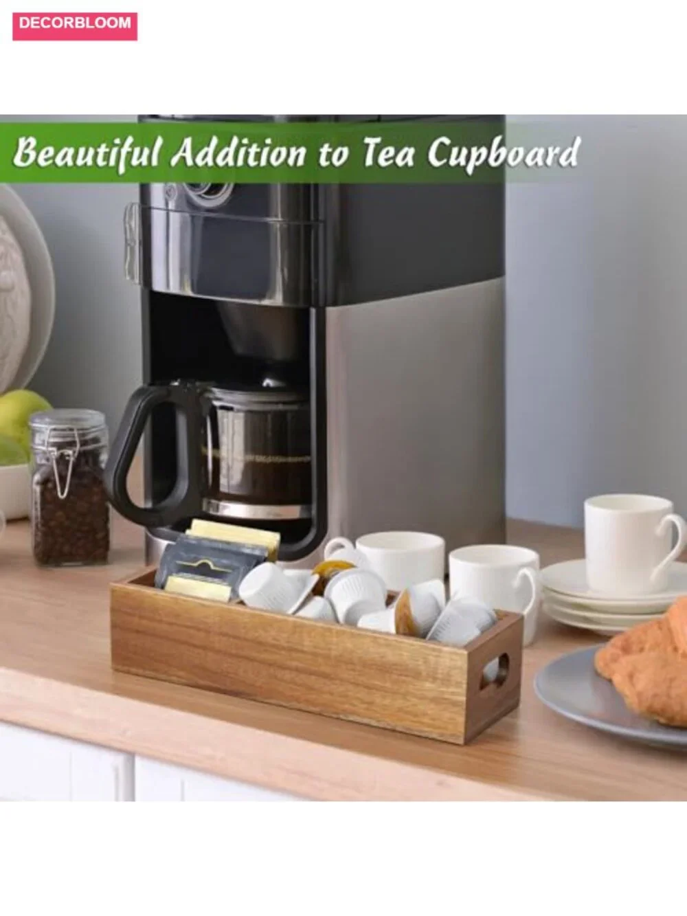 Acacia Wood Tea Bag Organizer with 3 Slots and Handles